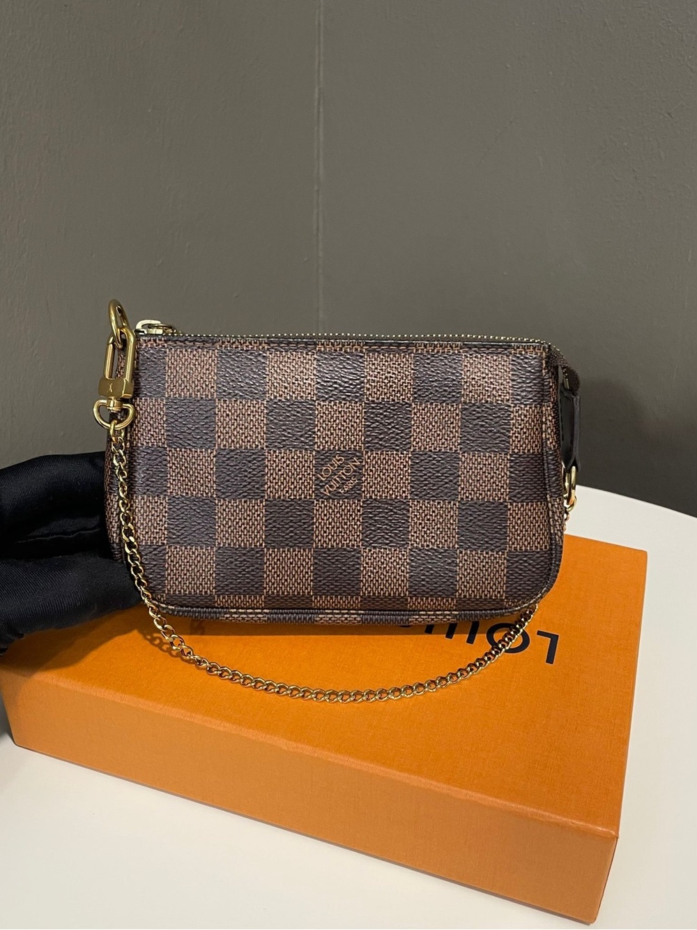 Authentic Vintage 2020 Louis Vuitton Brown Damier Mini Pochette with Gold Chain